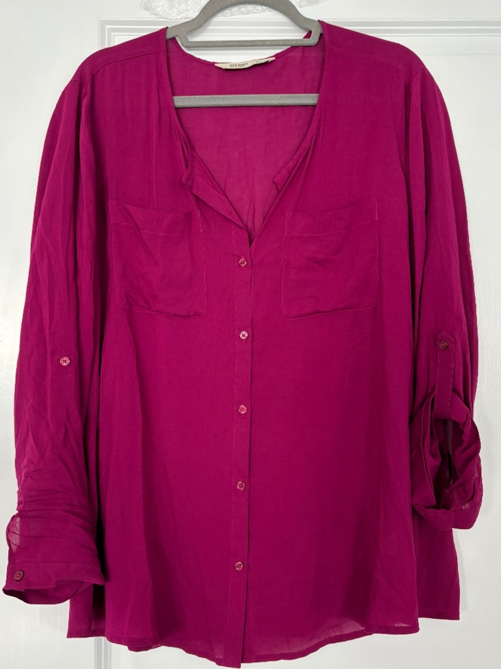 Old Navy Deep Magenta Button Down Roll Tab Long Sleeve Shirt
